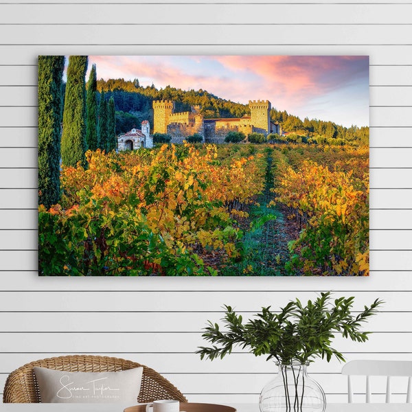 Autumn Photography, Large Napa Valley Vineyard Photo, Castello Di Amorosa Winery Castle Print, California Wine Country,Calistoga Fall Canvas