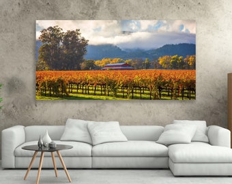 Napa Valley Vineyard Print, California Scenery Canvas, Large Autumn Home Decor, Harvest Wine Country Fine Art Photo, Oakville Winery, Clouds