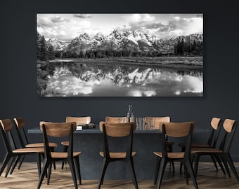 Black and White Grand Teton Reflection, Giant Mountain Canvas, Snake River, Black and White Nature Lover, Black White Peaceful Teton Wyoming