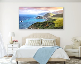 Big Sur Photo, Bixby Bridge, California Coast Beach Sunrise, Large Seascape Canvas, Carmel Pacific View,  Pastel Teal Wall Decor, Hwy 1 Art