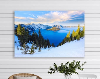 Crater Lake Print, Oregon Landscape Photo, Oregon Photography, Snowy Mountain Print, Wizard Island Sunset, Winter Wall Decor, National Park