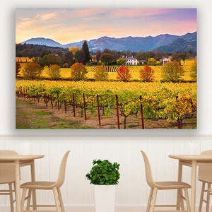 May include: A photograph of a vineyard in autumn with rows of yellow grapevines, a small village in the distance, and a mountain range in the background.