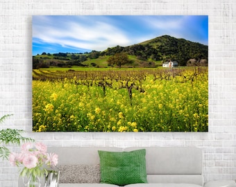 Wine Country Print, California Napa Valley Art, Spring Flowers Wall Decor, Vineyard Photo, Wine Valley Canvas, Mustard Fields Art, Fine Art