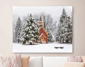 Yosemite National Park, Chapel Snow Print, Yosemite Photo, Yosemite Valley, Fine Art Office Decor, Holiday Country Charm, Large Snow Canvas