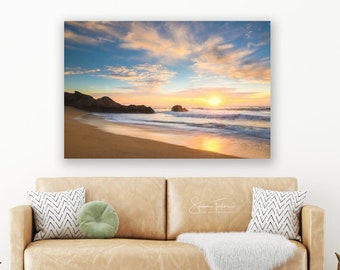 Large Seascape Wall Decor, San Francisco Beach Print, Pacific Ocean Sunset Art, California Sunset, Peach Blue Home Decor, Bay Area Fine Art