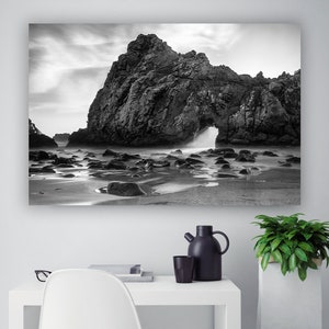 Black and White Ocean Wall Decor, San Francisco Ocean, California Sunset Beach Photo, Keyhole Arch, Seascape Art, Carmel Coast Art, Rocky