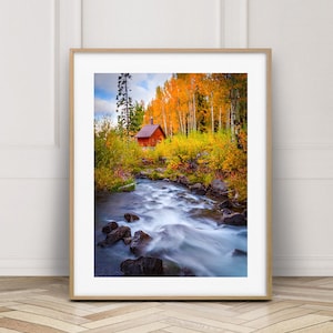 Large Autumn Wall Decor, Fall Aspen Print, American West, Log Cabin Creek Photo, Orange Yellow Red, Colorado Glowing Home Decor, Americana