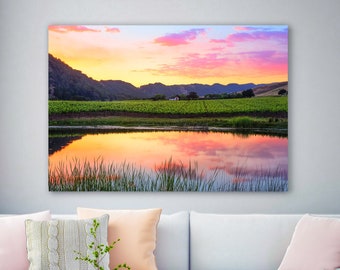 Napa Valley Art, California Wine Country, Wine Valley Sunset Print, Pond Reflection, Wine Vineyard, Gallery Wrap, Pink Orange Green Canvas