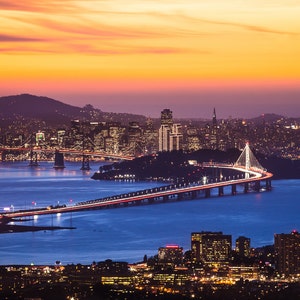 Cityscape Photograph, San Francisco City Lights Print, Skyline New Bay Bridge Sunset Canvas, Gold Blue Oversized Wall Art, Home Office Decor