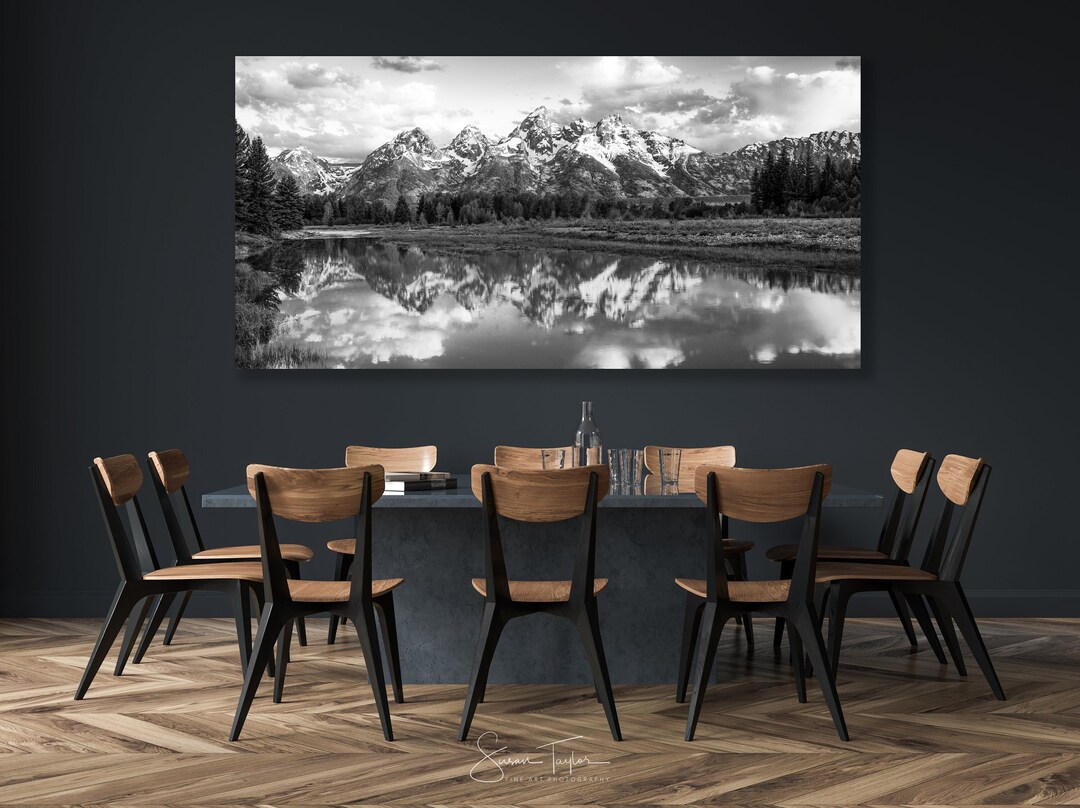Black and White Grand Teton Reflection, Giant Mountain Canvas, Snake ...