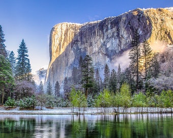 Yosemite Snow Print, California Park Landscape Art, El Capitan Mist, Reflection, Spring Mist Canvas, Merced River, Fine Art, National Park