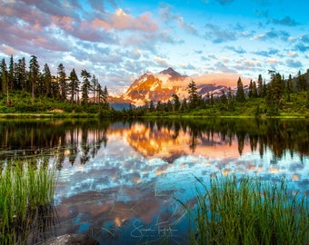 Washington Landscape, Lake Sunset Print, Mt Shuksan Photography, Mountain Reflection, Limited Edition Wall Decor, Mt Baker, Northern Cascade