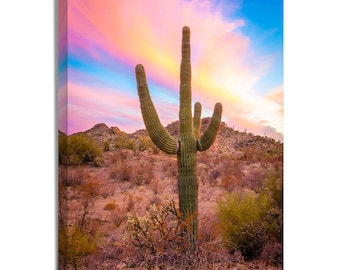 Saguaro Sunset Photography On Canvas, Saguaro Cacti Plant Wall Print, Desert Arizona Vibrant Giclée Photo, Ready to Hang, Extra Large Sizes