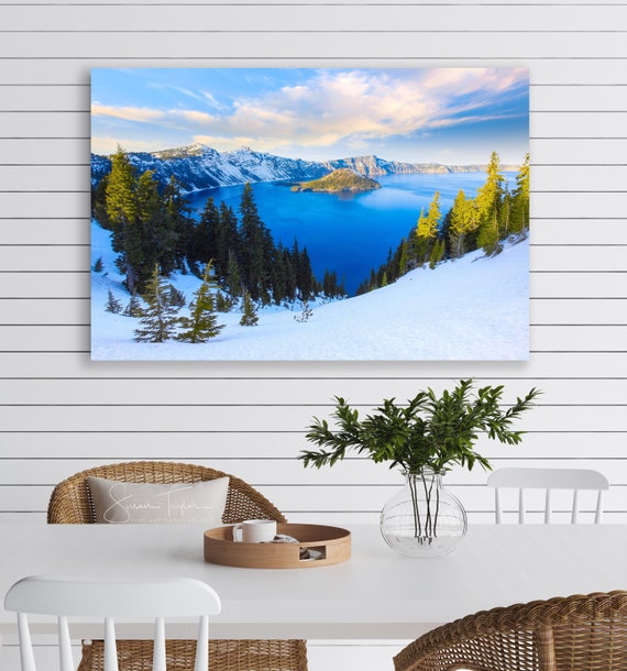 Crater Lake Print, Oregon Landscape Photo, Oregon Photography, Snowy Mountain Print, Wizard Island Sunset, Winter Wall Decor, National Park
