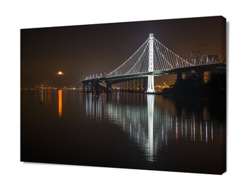 San Francisco Print, New Bay Bridge Photo, Full Moon Reflection, Bay Bridge Wall Art, Holiday, Large Canvas Photo, Bay Area Fine Art, Office