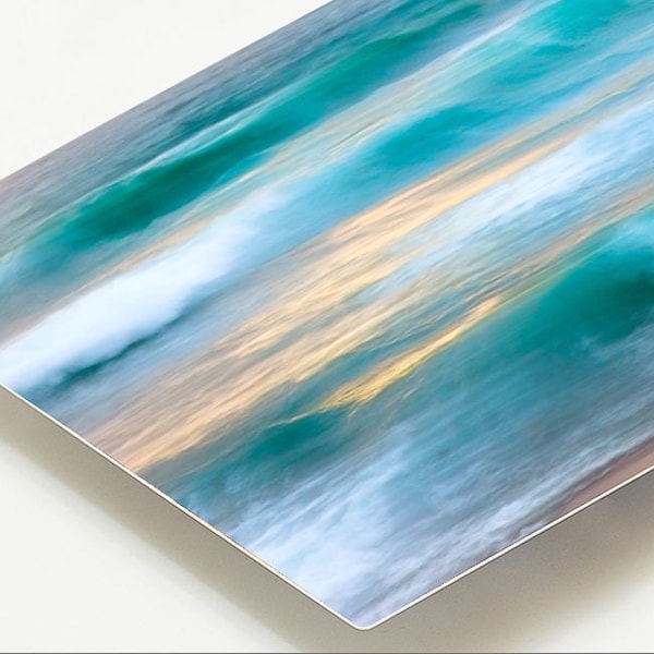 Impresión panorámica de metal de playa, impresión de metal oceánico abstracto Big Sur, foto de baño grande X, paisaje marino de California, decoración de pared costera de olas gigantes