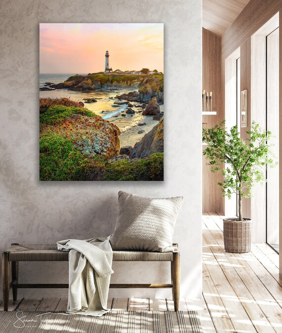 California Ocean Print, Pacific Coast Lighthouse Photo, Seascape Wall Decor, Pigeon Point, Nautical Photo, Rocky Home Decor, Canvas Fine Art