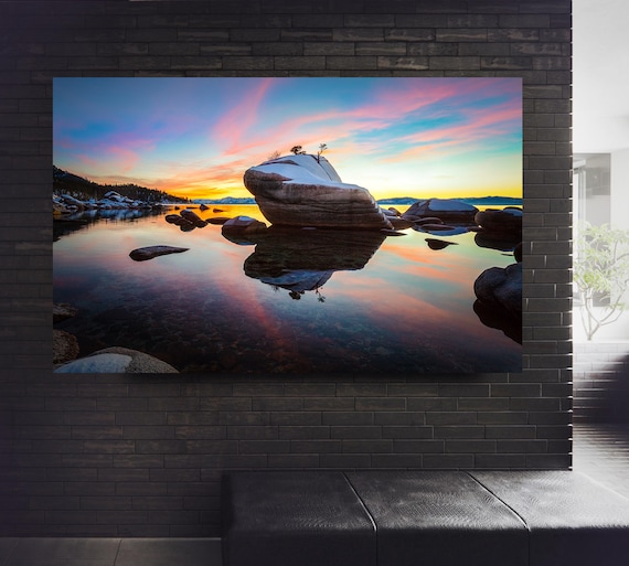 Lake Tahoe Photo On Canvas, California Sunset Home Decor, Tahoe Winter Reflection, Bonsai Rock, Waterscape, Sierra Nevada Limited Edition