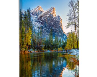 Yosemite Photo, California Landscape Print, Three Brothers, Blue Gold Canvas, Sierra Nevada Glow, Morning Light River, Mountain Wall Decor