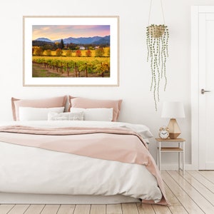 May include: A framed photograph of a vineyard with rows of grapevines in the foreground. The vineyard is surrounded by rolling hills and a small town in the distance. The sky is a vibrant pink and orange, creating a beautiful sunset scene.