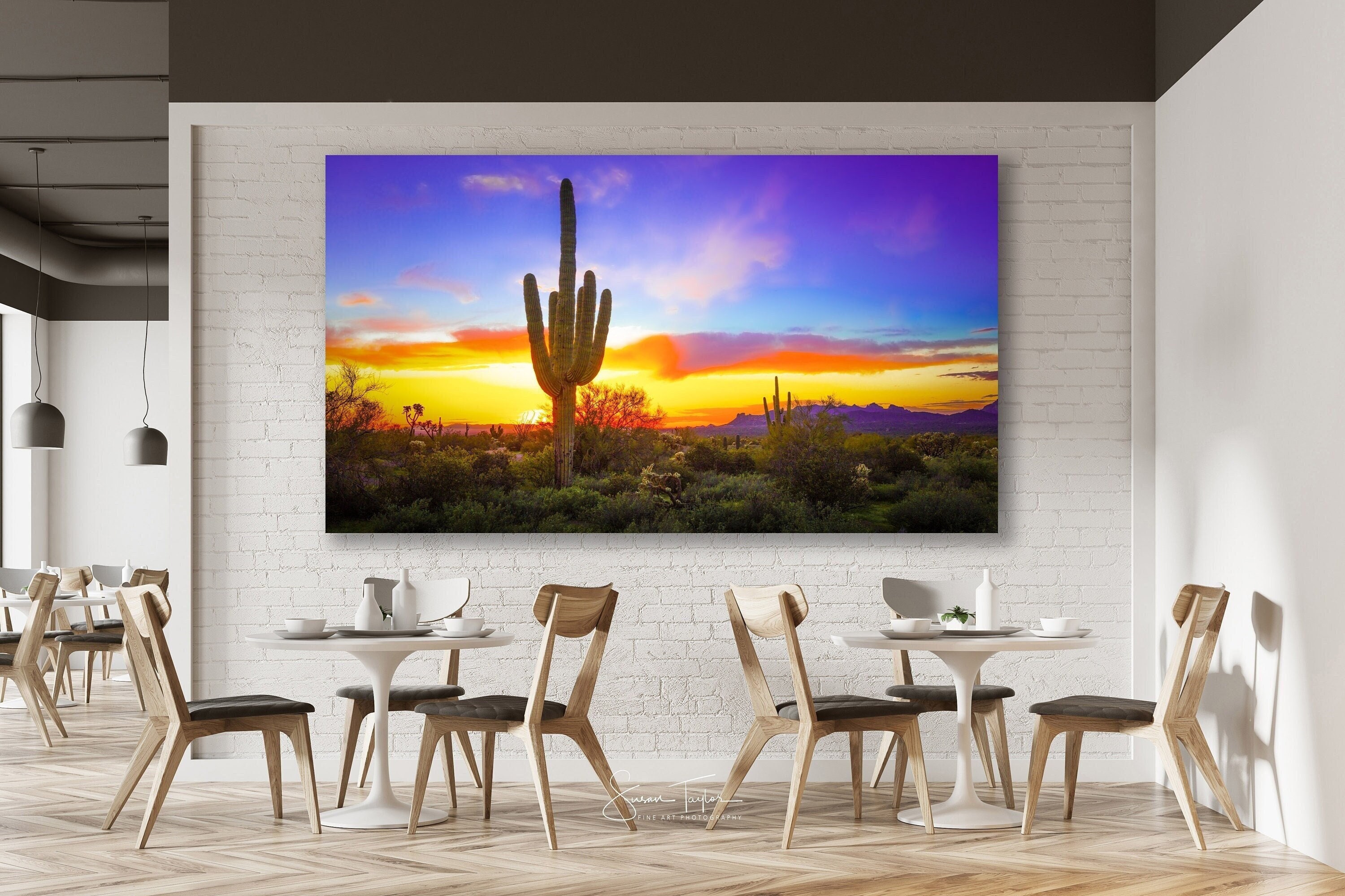 Desert Sunset Arizona Canvas, Colorful Cactus Print, Arizona