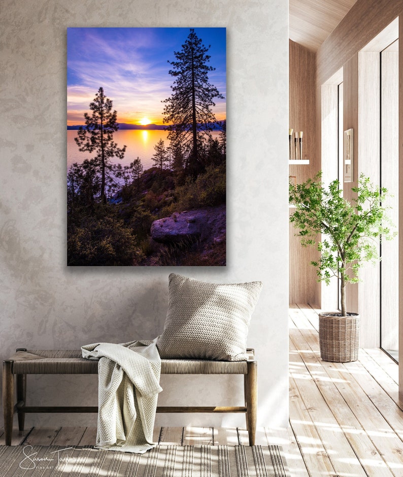 Lake Tahoe Photography, California Sunset Print, Sierra Nevada Art, Tahoe Rocky Shore, Vivid Lake Tahoe Photo, Large Lake Tahoe Print Gift image 1