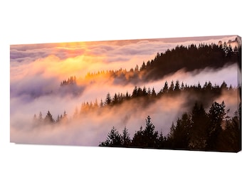 Puede incluir: Una vista panorámica de un bosque brumoso al amanecer. El sol brilla a través de las nubes, iluminando los árboles y creando un cálido resplandor dorado. La niebla crea una sensación de misterio y tranquilidad.