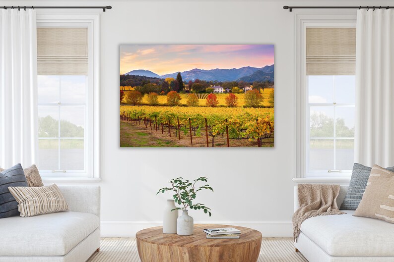 May include: A scenic landscape photograph of a vineyard in autumn with rows of yellow and red grapevines, a white farmhouse in the distance, and a mountain range in the background.