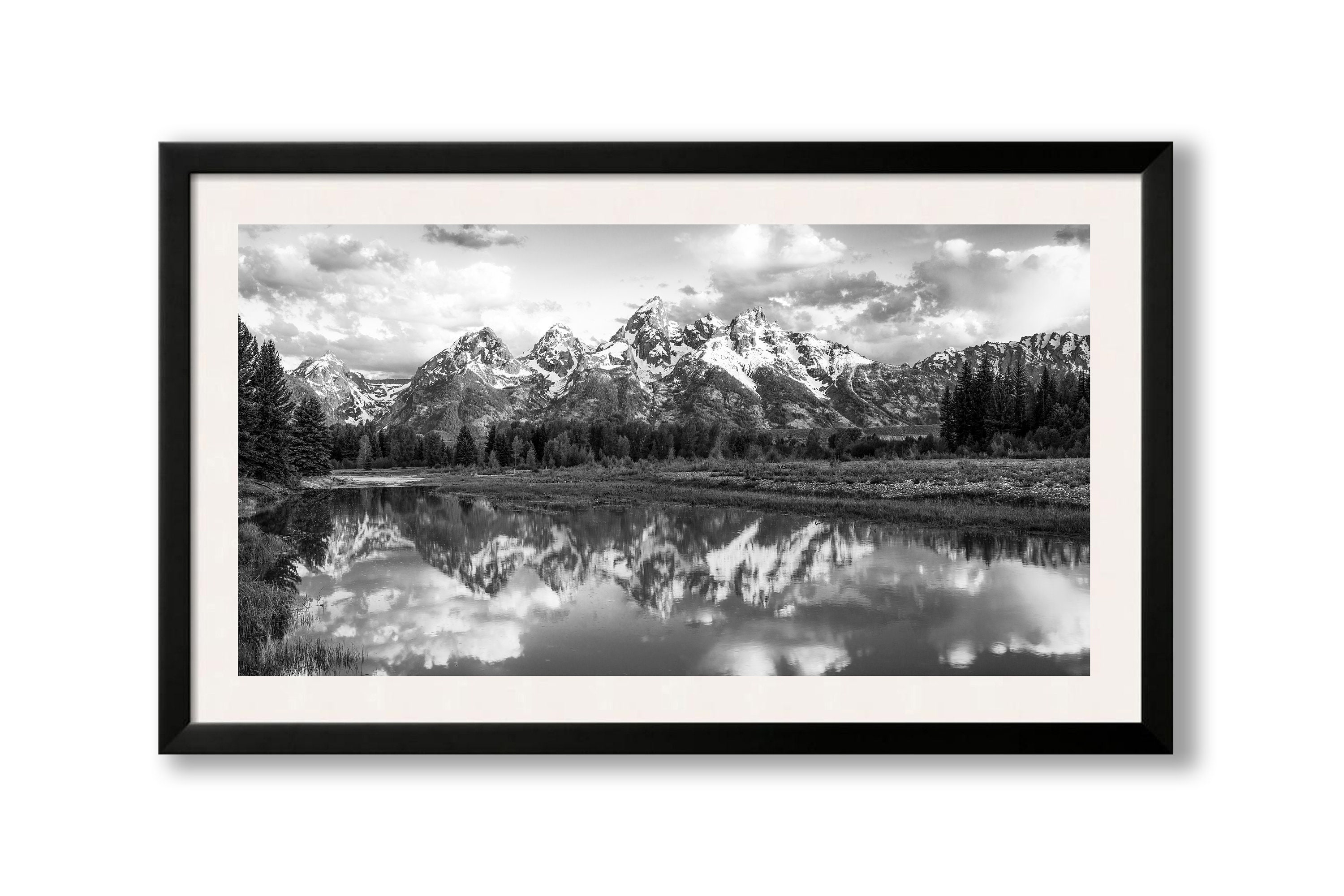 Black and White Grand Teton Reflection, Giant Mountain Canvas, Snake ...