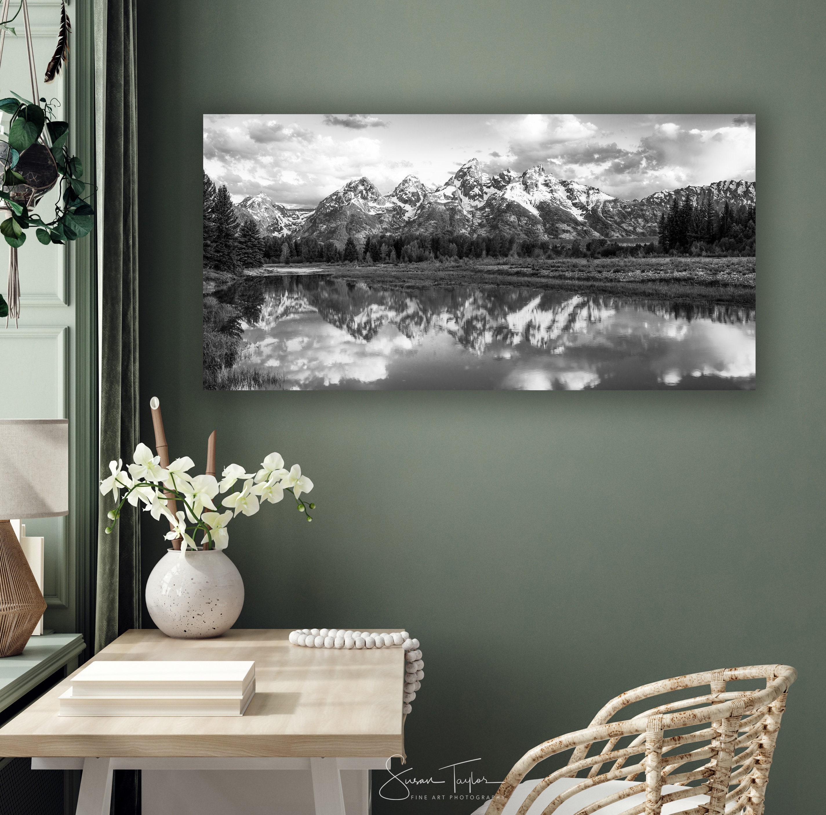 Black and White Grand Teton Reflection, Giant Mountain Canvas, Snake ...