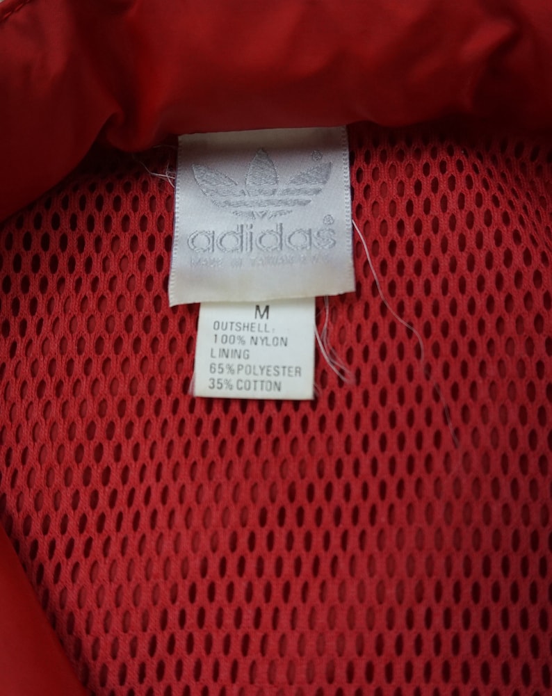 Vintage Adidas Packable capucha chaqueta ligera hombres medio rojo blanco negro imagen 6