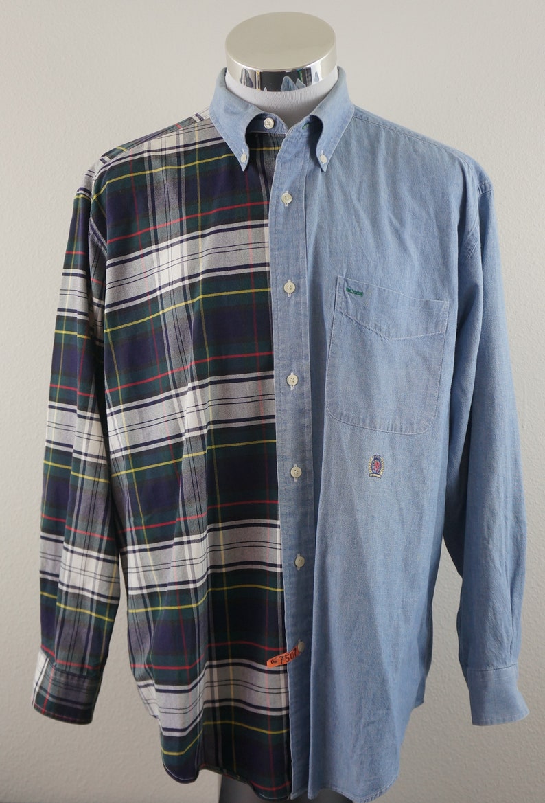 Vintage Tommy Hilfiger Button Down Half Denim Half Plaid Shirt Mens Size M