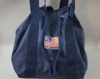 Ralph Lauren Polo Sport VTG Drawstring Bucket Shoulder Bag Spell-out Blue