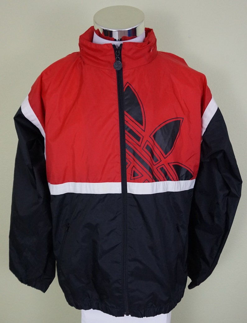 Vintage Adidas Packable capucha chaqueta ligera hombres medio rojo blanco negro imagen 1