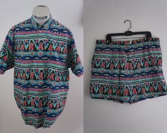 Original ACA Joe Botón Abajo Camisa S/S y Shorts 2 Pieza Set Hombres Tamaño XL Multi Color Impresión Abstracta