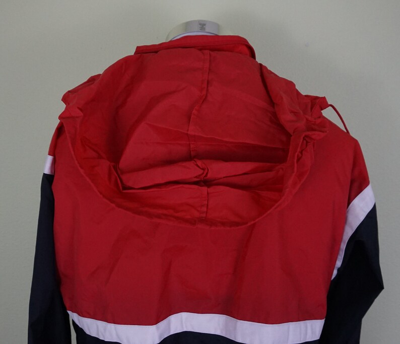 Vintage Adidas Packable capucha chaqueta ligera hombres medio rojo blanco negro imagen 5