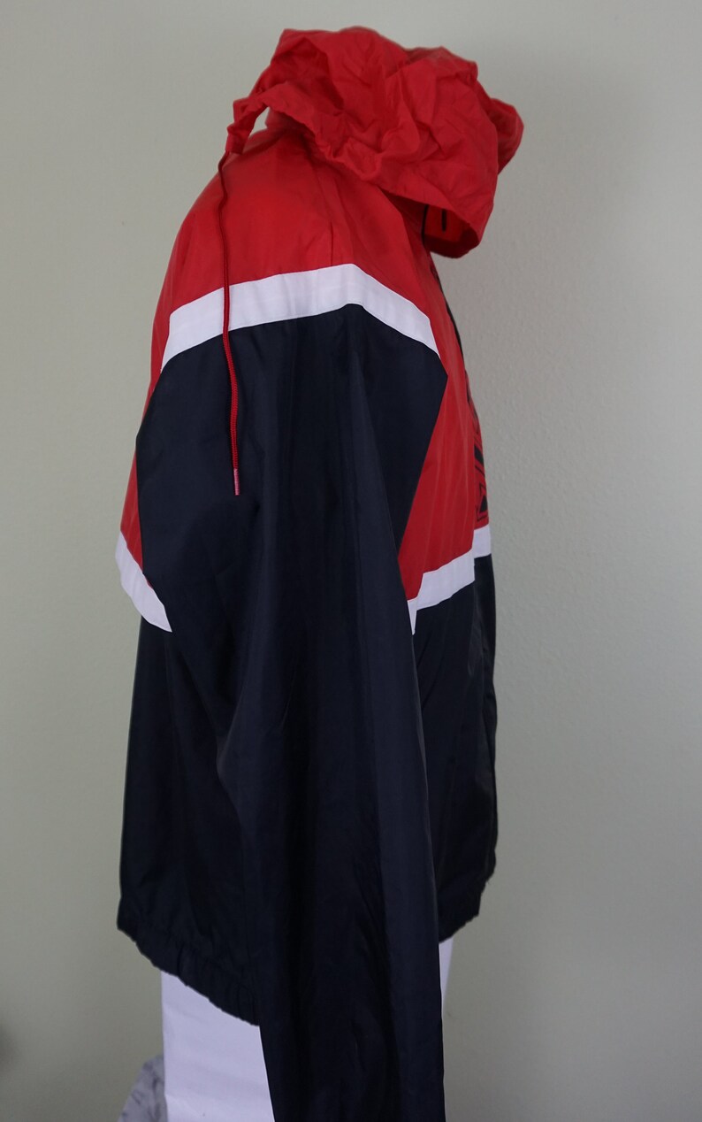 Vintage Adidas Packable capucha chaqueta ligera hombres medio rojo blanco negro imagen 4
