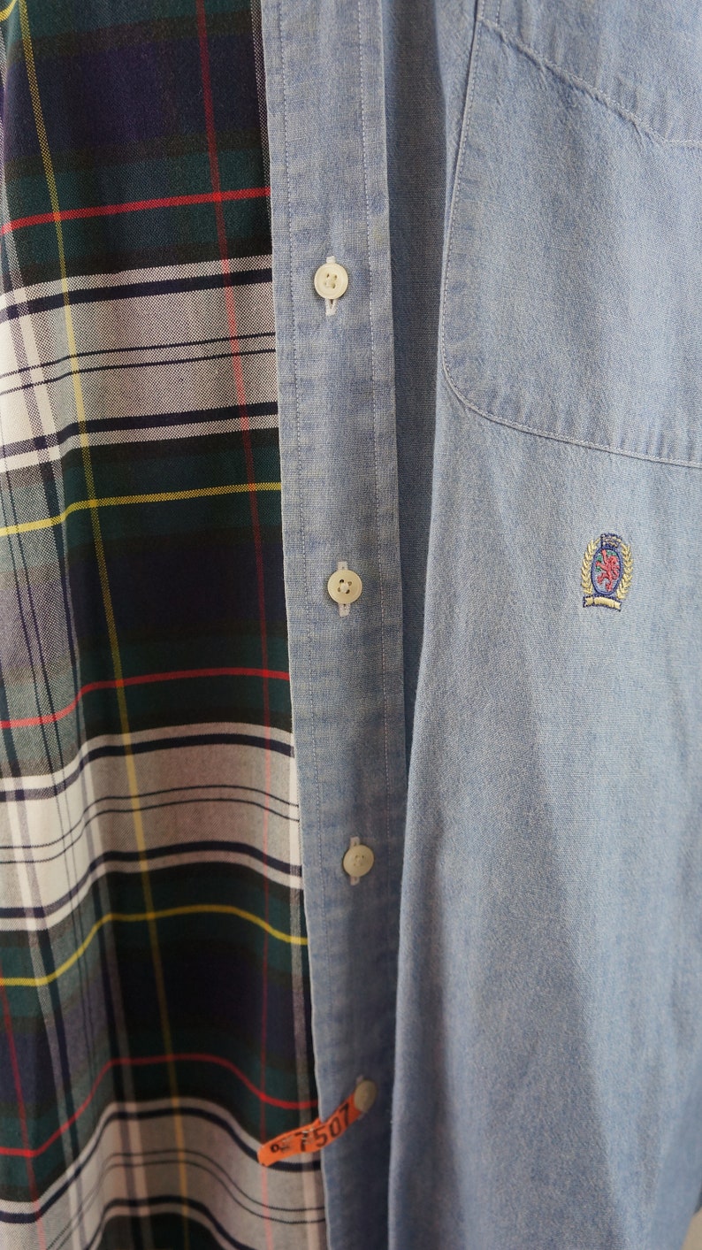 Vintage Tommy Hilfiger Button Down Half Denim Half Plaid Shirt Mens Size M
