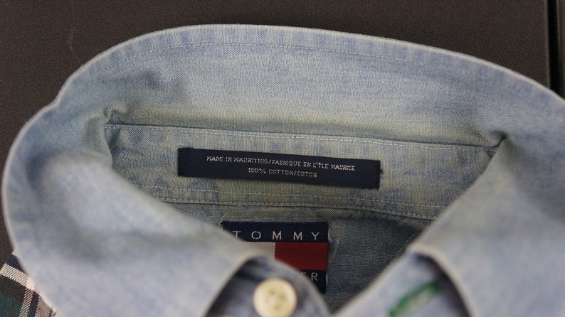 Vintage Tommy Hilfiger Button Down Half Denim Half Plaid Shirt Mens Size M