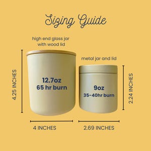May include: A sizing guide for candles. The image shows two candle jars with dimensions and burn times. The larger jar is 4.25 inches tall and 4 inches wide, with a 65-hour burn time. The smaller jar is 2.24 inches tall and 2.69 inches wide, with a 35-40 hour burn time.