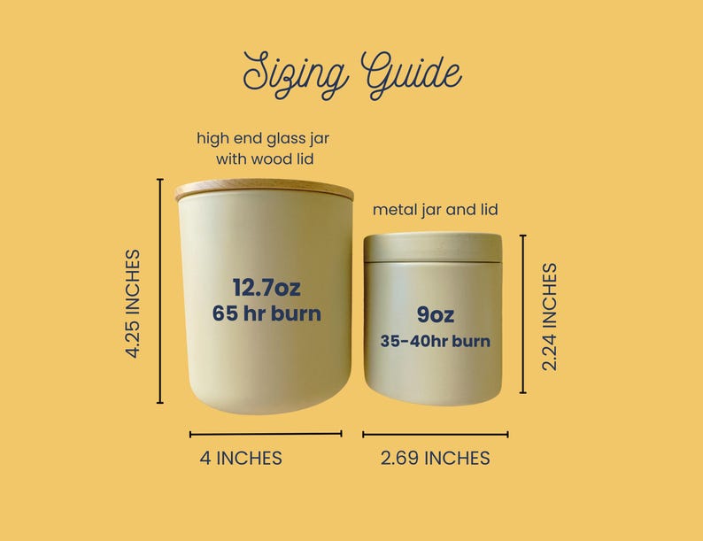 May include: A sizing guide for candles. The image shows two candle jars with dimensions and burn times. The larger jar is 4.25 inches tall and 4 inches wide, with a 65-hour burn time. The smaller jar is 2.24 inches tall and 2.69 inches wide, with a 35-40 hour burn time.