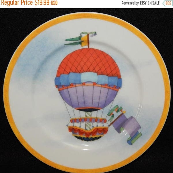 ON SALE Williams Sonoma MONTGOLFIERE Red Purple Salad Plate made in Japan White with Yellow Border Red Purple Balloon Center, Near Mint Cond