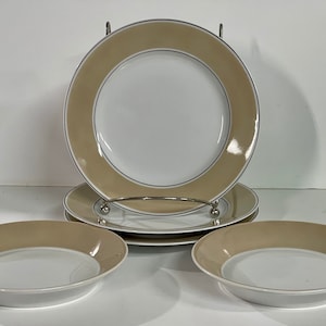 Lote de 5 piezas Fitz y Floyd RHODELET TAUPE 3 platos de pan, 2 platillos, borde Taupe 1975-1986 Excelente estado