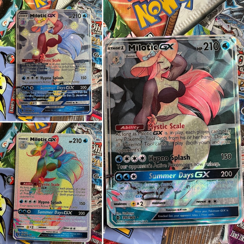 May include: A holographic Pokemon trading card featuring Milotic GX, a pink and blue water-type Pokemon with a large, flowing tail. The card has a silver background and features the text "Mystic Scale", "Hypno Splash", and "Summer Days GX".