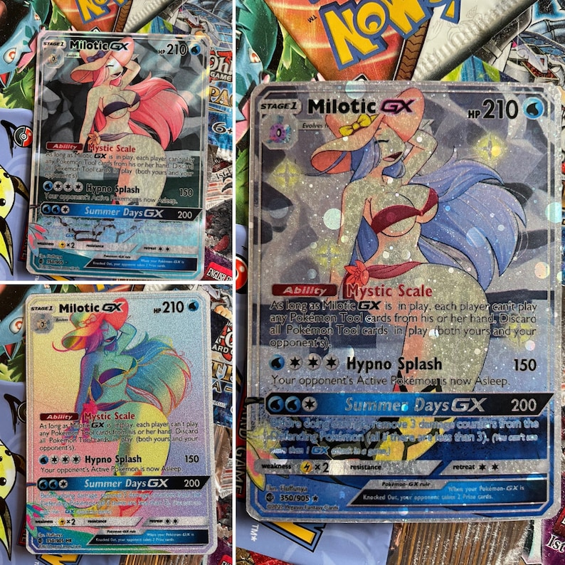 May include: Three holographic Pokemon trading cards featuring Milotic GX. The cards are in the Summer Days GX set and have a holographic background with a pink, blue, and purple color scheme. The cards feature the text "Mystic Scale", "Hypno Splash", and "Summer Days GX".