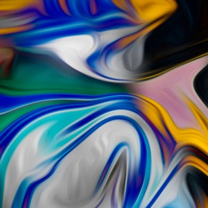 May include: Abstract art featuring swirling colours of yellow, blue, red, white, green, and black. The colours are blended together in a fluid, organic way, creating a sense of movement and energy.