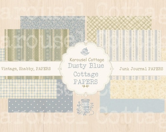 May include: A collection of digital papers featuring various patterns including stripes, gingham, floral, and polka dots in shades of dusty blue, beige, and cream. A central scalloped label displays the text Karousel Cottage Dusty Blue Cottage PAPERS.