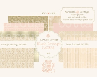 May include: A collection of rectangular digital papers in shades of blush pink, cream, and beige. Patterns include floral, gingham, and stripes. Text reads: Karousel Cottage, Blush Cottage PAPERS, Vintage, Shabby, PAPERS, Junk Journal PAPERS.