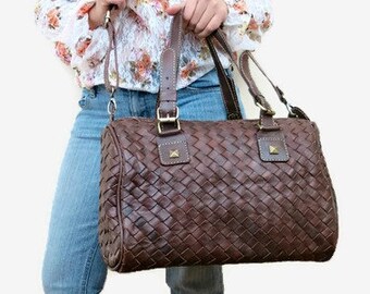 Leather Weekender Bag Women and Men, Unique Handmade Leather Bag, Woven Leather Duffle Bag, Leather Travel Holdall Overnight Weekend Bag