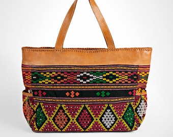 Boho Bag Leather, Tote Bag with Zipper and Pocket, Large Tapestry Bag, Fabric Shoulder Bag, Weekender Tote Bag for Women, Mothers Day Gift